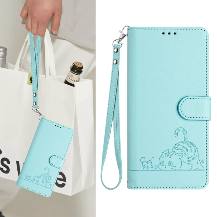 For Boost Mobile Celero 5G 2024 Cat Rat Embossed RFID Leather Phone Case with Lanyard(Mint Green) - More Brand by PMC Jewellery | Online Shopping South Africa | PMC Jewellery | Buy Now Pay Later Mobicred