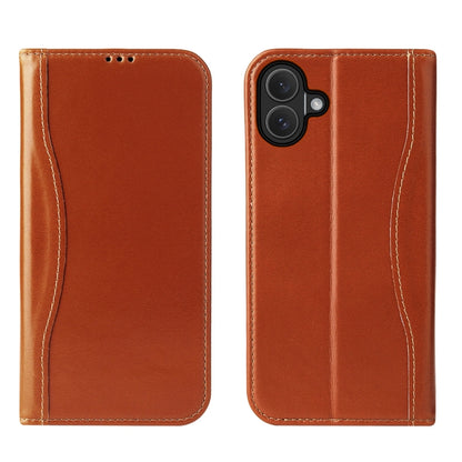 For iPhone 16 Plus Fierre Shann Cowhide Leather Flip Leather Phone Case(Brown) - iPhone 16 Plus Cases by FIERRE SHANN | Online Shopping South Africa | PMC Jewellery | Buy Now Pay Later Mobicred