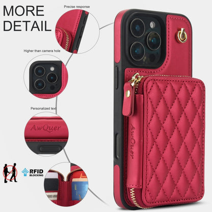 For iPhone 16 Pro Max AwQuer Crossbody Zipper Wallet Rhombic Leather Back Phone Case(Red) - iPhone 16 Pro Max Cases by Awquer | Online Shopping South Africa | PMC Jewellery | Buy Now Pay Later Mobicred