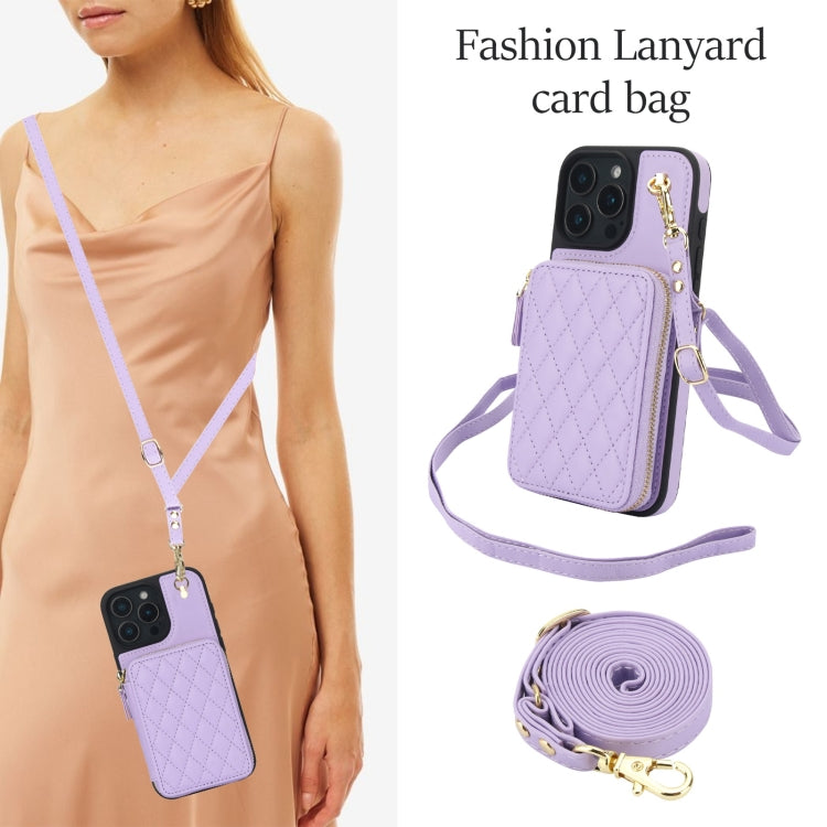 For iPhone 16 Pro Max AwQuer Crossbody Zipper Wallet Rhombic Leather Back Phone Case(Purple) - iPhone 16 Pro Max Cases by Awquer | Online Shopping South Africa | PMC Jewellery | Buy Now Pay Later Mobicred