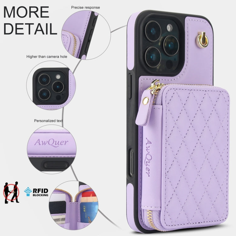 For iPhone 16 Pro AwQuer Crossbody Zipper Wallet Rhombic Leather Back Phone Case(Purple) - iPhone 16 Pro Cases by Awquer | Online Shopping South Africa | PMC Jewellery | Buy Now Pay Later Mobicred