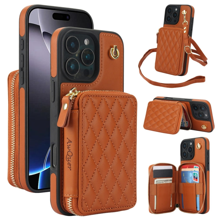 For iPhone 16 Pro AwQuer Crossbody Zipper Wallet Rhombic Leather Back Phone Case(Brown) - iPhone 16 Pro Cases by Awquer | Online Shopping South Africa | PMC Jewellery | Buy Now Pay Later Mobicred