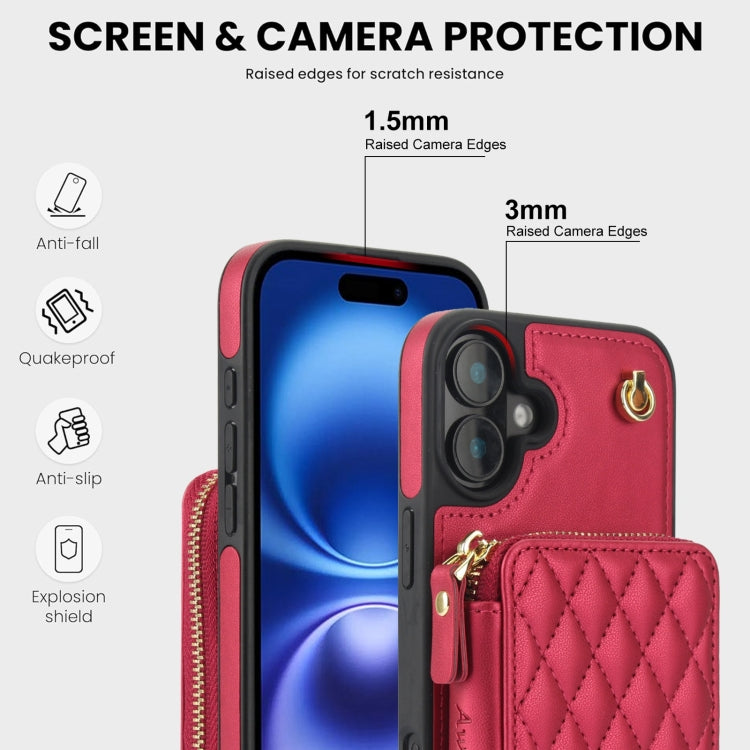 For iPhone 16 Plus AwQuer Crossbody Zipper Wallet Rhombic Leather Back Phone Case(Red) - iPhone 16 Plus Cases by Awquer | Online Shopping South Africa | PMC Jewellery | Buy Now Pay Later Mobicred