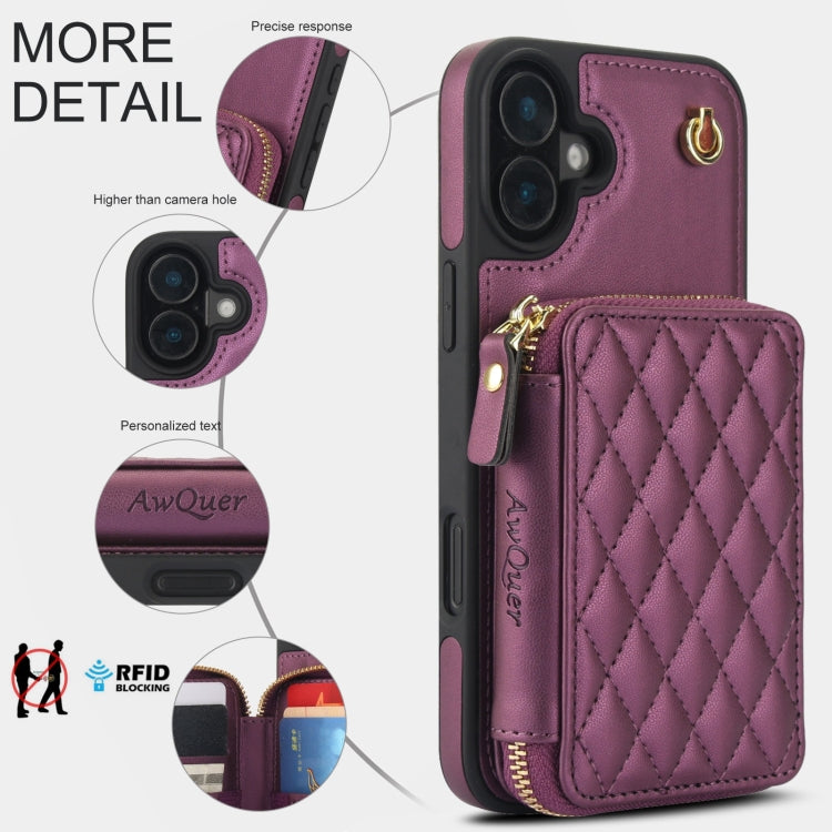 For iPhone 16 AwQuer Crossbody Zipper Wallet Rhombic Leather Back Phone Case(Dark Purple) - iPhone 16 Cases by Awquer | Online Shopping South Africa | PMC Jewellery | Buy Now Pay Later Mobicred