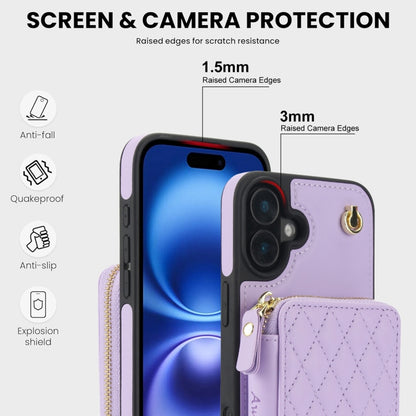 For iPhone 16 AwQuer Crossbody Zipper Wallet Rhombic Leather Back Phone Case(Purple) - iPhone 16 Cases by Awquer | Online Shopping South Africa | PMC Jewellery | Buy Now Pay Later Mobicred