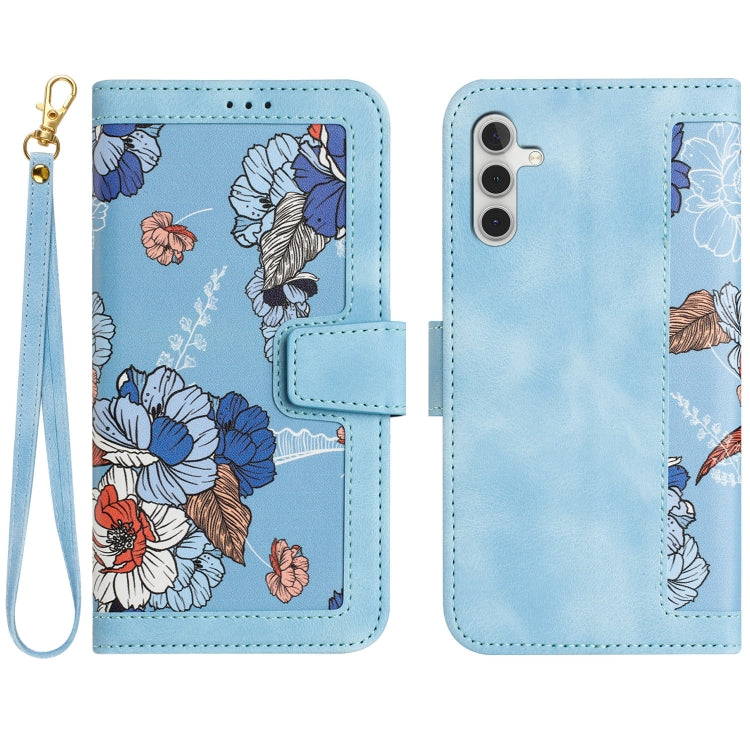 For Samsung Galaxy S25 5G Floral Pattern Leather Phone Case with Lanyard(Light Blue) - Galaxy S25 5G Cases by PMC Jewellery | Online Shopping South Africa | PMC Jewellery | Buy Now Pay Later Mobicred