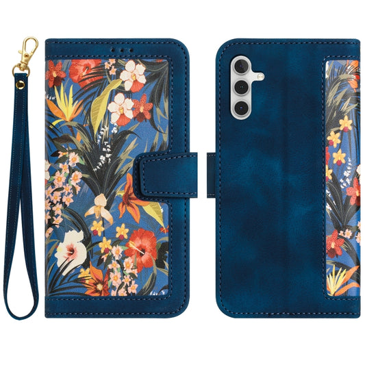 For Samsung Galaxy S25 5G Floral Pattern Leather Phone Case with Lanyard(Dark Blue) - Galaxy S25 5G Cases by PMC Jewellery | Online Shopping South Africa | PMC Jewellery | Buy Now Pay Later Mobicred