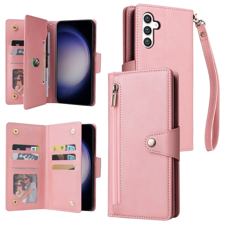 For Samsung Galaxy S25 5G Rivet Buckle 9 Cards Three Fold Leather Phone Case(Rose Gold) - Galaxy S25 5G Cases by PMC Jewellery | Online Shopping South Africa | PMC Jewellery | Buy Now Pay Later Mobicred