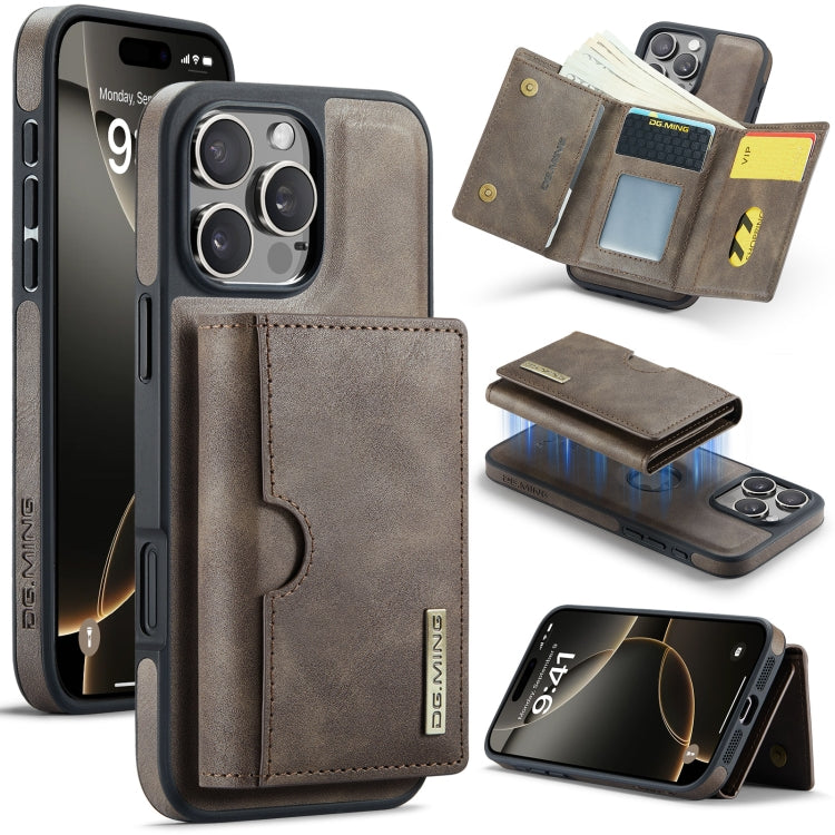 For iPhone 16 Pro Max DG.MING M6 Series RFID Tri-fold Card Bag Removable Leather Phone Case(Coffee) - iPhone 16 Pro Max Cases by DG.MING | Online Shopping South Africa | PMC Jewellery | Buy Now Pay Later Mobicred