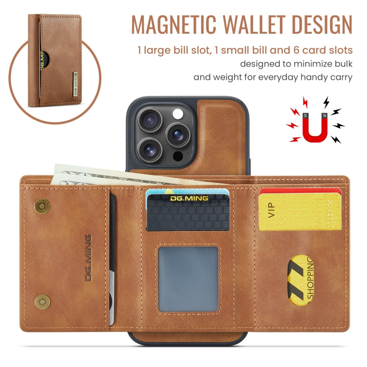 For iPhone 16 Pro DG.MING M6 Series RFID Tri-fold Card Bag Removable Leather Phone Case(Brown) - iPhone 16 Pro Cases by DG.MING | Online Shopping South Africa | PMC Jewellery | Buy Now Pay Later Mobicred