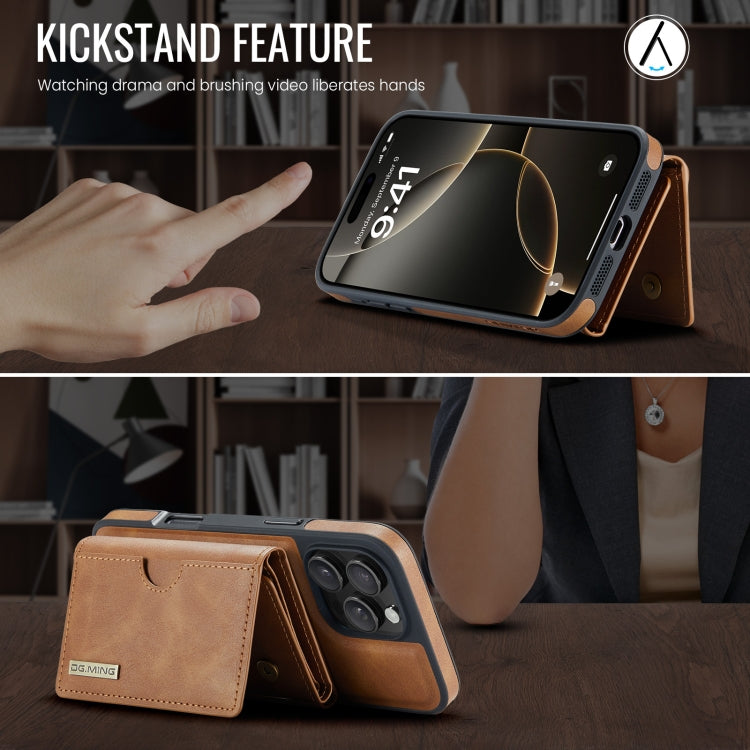 For iPhone 16 Pro DG.MING M6 Series RFID Tri-fold Card Bag Removable Leather Phone Case(Brown) - iPhone 16 Pro Cases by DG.MING | Online Shopping South Africa | PMC Jewellery | Buy Now Pay Later Mobicred