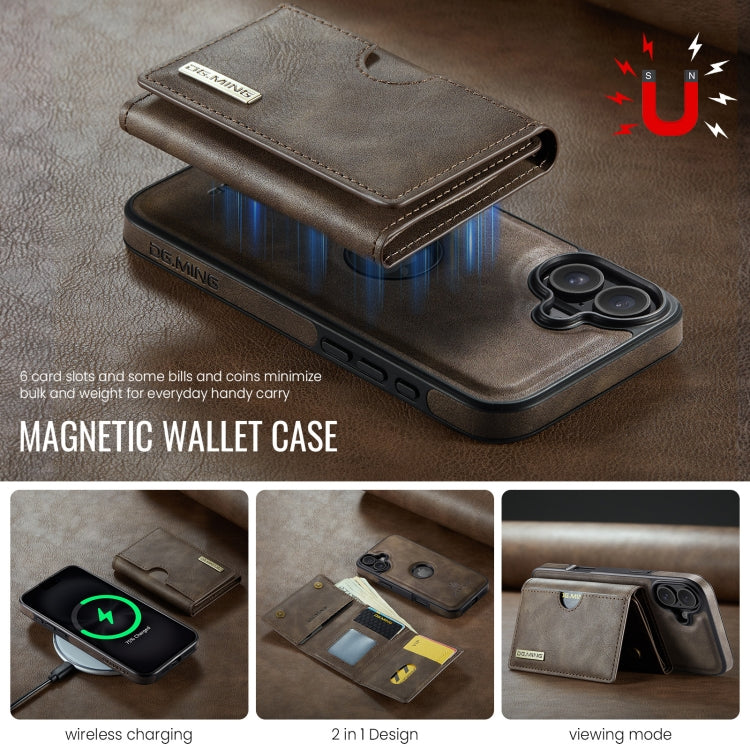 For iPhone 16 Plus DG.MING M6 Series RFID Tri-fold Card Bag Removable Leather Phone Case(Coffee) - iPhone 16 Plus Cases by DG.MING | Online Shopping South Africa | PMC Jewellery | Buy Now Pay Later Mobicred