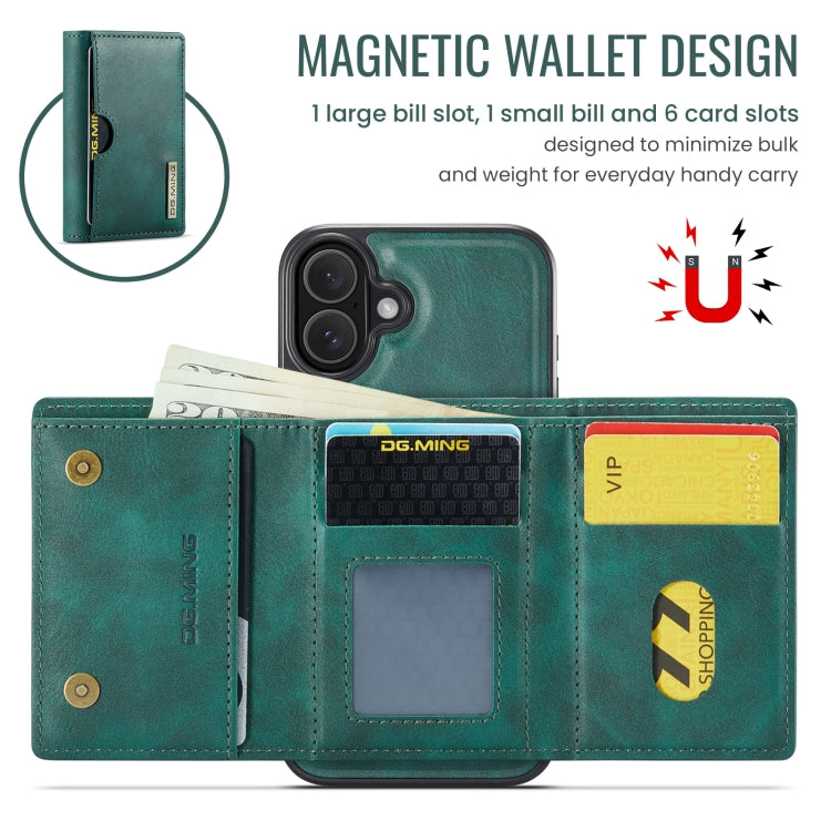 For iPhone 16 DG.MING M6 Series RFID Tri-fold Card Bag Removable Leather Phone Case(Green) - iPhone 16 Cases by DG.MING | Online Shopping South Africa | PMC Jewellery | Buy Now Pay Later Mobicred