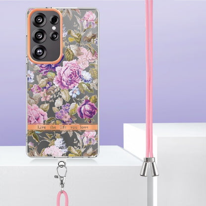 For Samsung Galaxy S25 Ultra 5G Flowers and Plants Series IMD TPU Phone Case with Lanyard(Purple Peony) - Galaxy S25 Ultra 5G Cases by PMC Jewellery | Online Shopping South Africa | PMC Jewellery | Buy Now Pay Later Mobicred