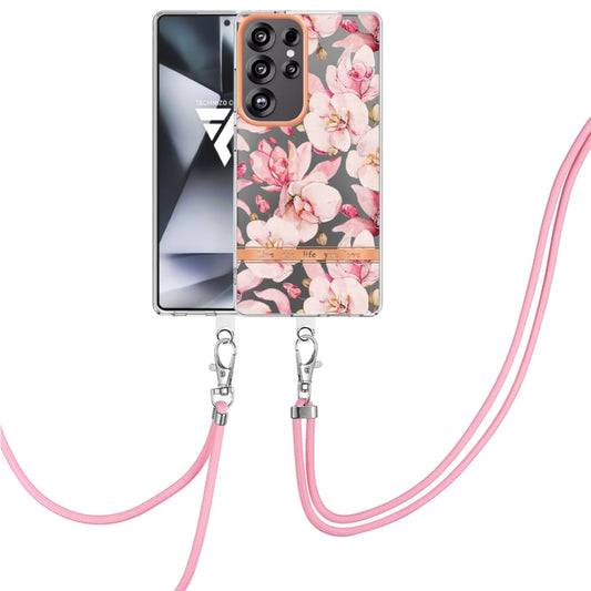 For Samsung Galaxy S25 Ultra 5G Flowers and Plants Series IMD TPU Phone Case with Lanyard(Pink Gardenia) - Galaxy S25 Ultra 5G Cases by PMC Jewellery | Online Shopping South Africa | PMC Jewellery | Buy Now Pay Later Mobicred