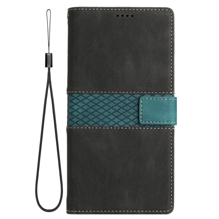 For iPhone 16e Grid Stitching Leather Phone Case with Lanyard(Black) - iPhone 16e Cases by PMC TechLife | Online Shopping South Africa | PMC TechLife | Buy Now Pay Later Mobicred
