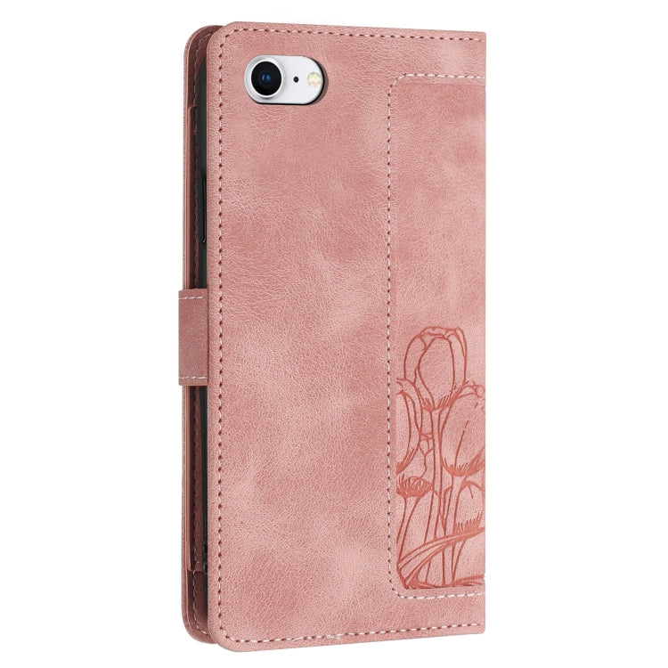 For iPhone 16e Tulips Embossed Leather Phone Case with Lanyard(Pink) - iPhone 16e Cases by PMC TechLife | Online Shopping South Africa | PMC TechLife | Buy Now Pay Later Mobicred