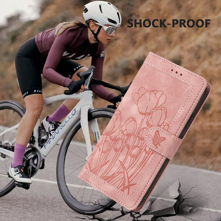 For iPhone 16e Tulips Embossed Leather Phone Case with Lanyard(Pink) - iPhone 16e Cases by PMC TechLife | Online Shopping South Africa | PMC TechLife | Buy Now Pay Later Mobicred
