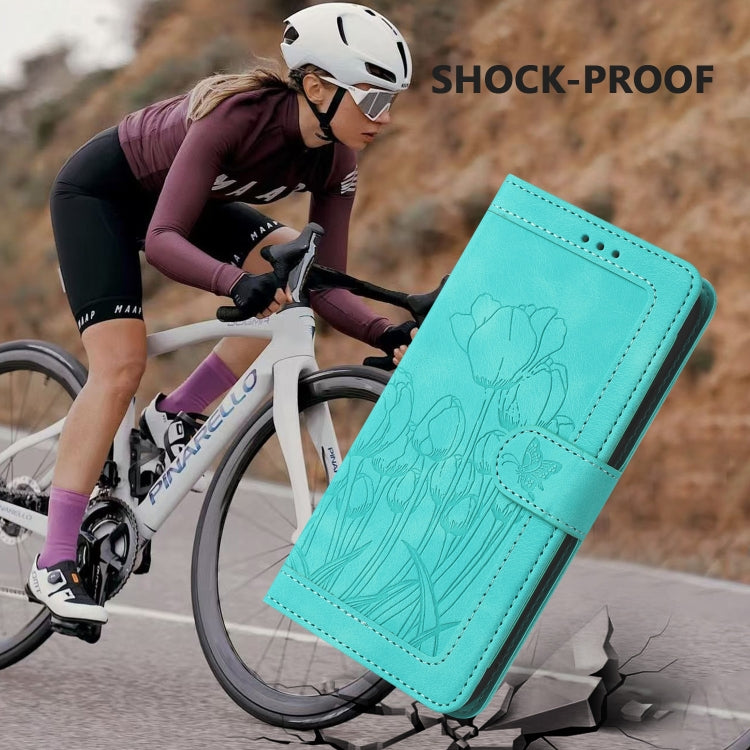 For iPhone 16e Tulips Embossed Leather Phone Case with Lanyard(Green) - iPhone 16e Cases by PMC TechLife | Online Shopping South Africa | PMC TechLife | Buy Now Pay Later Mobicred