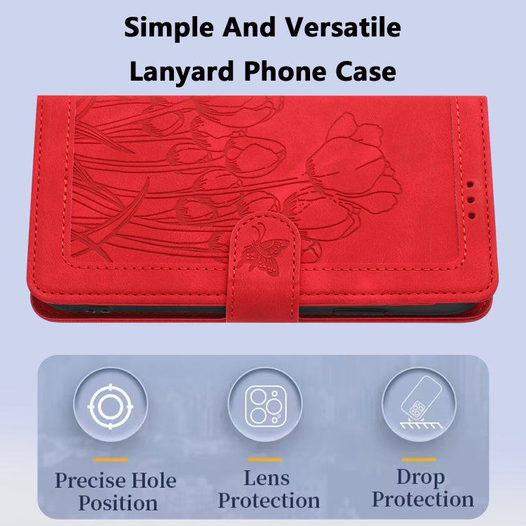 For iPhone 16e Tulips Embossed Leather Phone Case with Lanyard(Red) - iPhone 16e Cases by PMC TechLife | Online Shopping South Africa | PMC TechLife | Buy Now Pay Later Mobicred