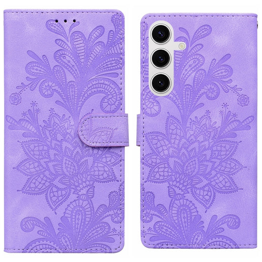 For Samsung Galaxy S25 5G Lace Floral Embossed Magnetic Buckle PU Phone Case With Wrist Strap(Purple) - Galaxy S25 5G Cases by PMC Jewellery | Online Shopping South Africa | PMC Jewellery | Buy Now Pay Later Mobicred