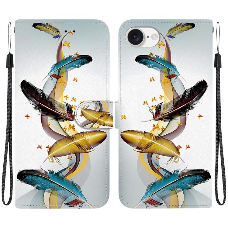 For iPhone 16e Crystal Texture Colored Drawing Leather Phone Case(Gold Butterfly Feathers) - iPhone 16e Cases by PMC TechLife | Online Shopping South Africa | PMC TechLife | Buy Now Pay Later Mobicred