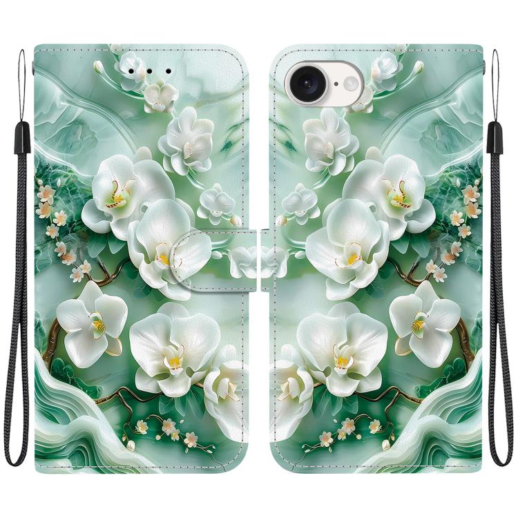 For iPhone 16e Crystal Texture Colored Drawing Leather Phone Case(Jade Flowers) - iPhone 16e Cases by PMC TechLife | Online Shopping South Africa | PMC TechLife | Buy Now Pay Later Mobicred