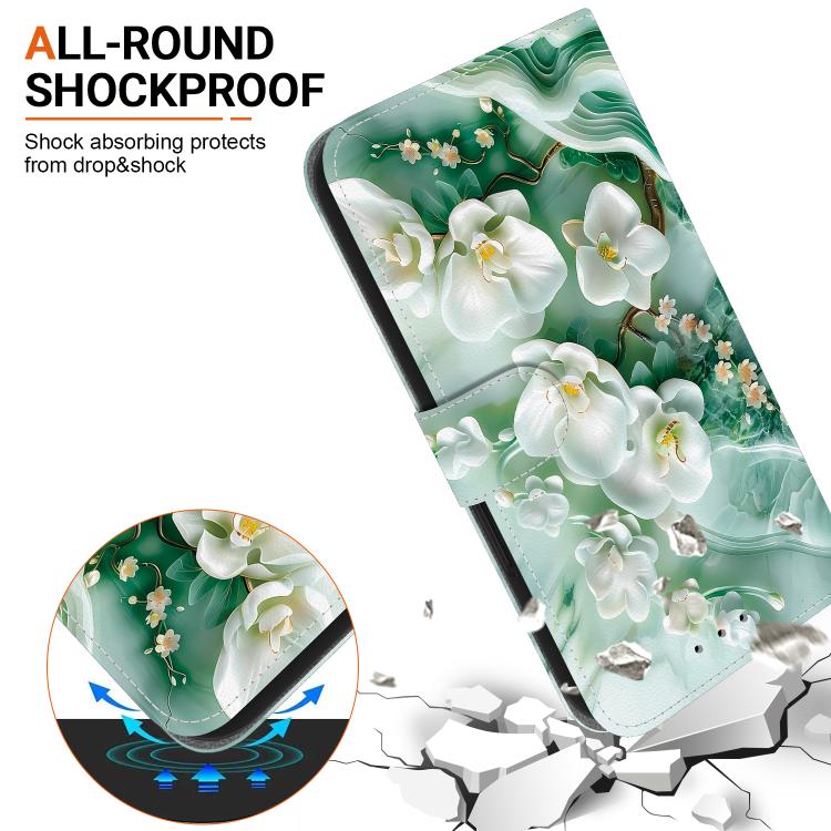For iPhone 16e Crystal Texture Colored Drawing Leather Phone Case(Jade Flowers) - iPhone 16e Cases by PMC TechLife | Online Shopping South Africa | PMC TechLife | Buy Now Pay Later Mobicred
