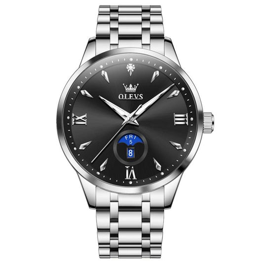 OLEVS 3646 Men Multifunctional Moon Phase Stone Waterproof Quartz Watch(Black) - Metal Strap Watches by OLEVS | Online Shopping South Africa | PMC Jewellery | Buy Now Pay Later Mobicred