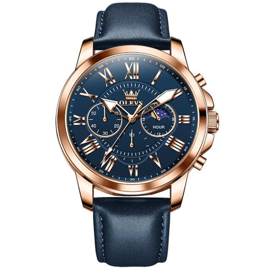 OLEVS 3632 Men Multifunctional Large Dial Luminous Waterproof Quartz Watch(Blue + Rose Gold) - Leather Strap Watches by OLEVS | Online Shopping South Africa | PMC Jewellery | Buy Now Pay Later Mobicred