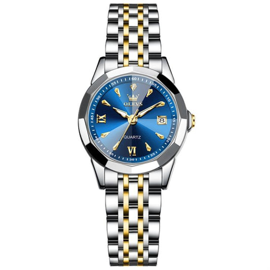 OLEVS 9998 Women Diamond Face Dual Calendar Waterproof Quartz Watch(Blue + Gold) - Metal Strap Watches by OLEVS | Online Shopping South Africa | PMC Jewellery | Buy Now Pay Later Mobicred