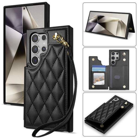 For Samsung Galaxy S25 Ultra 5G Rhombic Dual Buckle Card Slots Phone Case with Lanyard(Black) - Galaxy S25 Ultra 5G Cases by PMC Jewellery | Online Shopping South Africa | PMC Jewellery | Buy Now Pay Later Mobicred