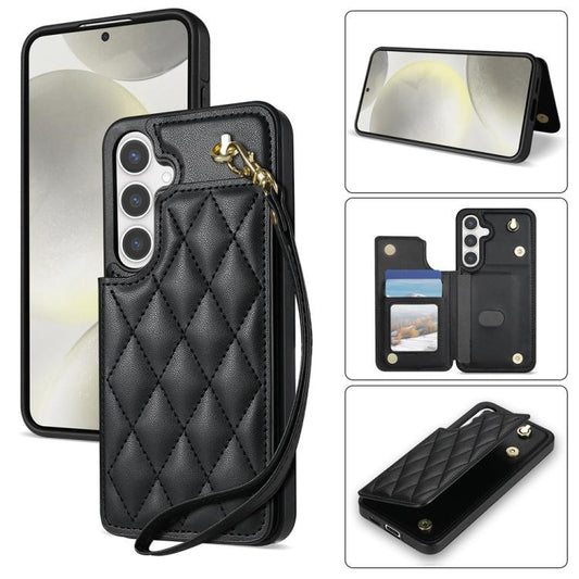 For Samsung Galaxy S25+ 5G Rhombic Dual Buckle Card Slots Phone Case with Lanyard(Black) - Galaxy S25+ 5G Cases by PMC Jewellery | Online Shopping South Africa | PMC Jewellery | Buy Now Pay Later Mobicred