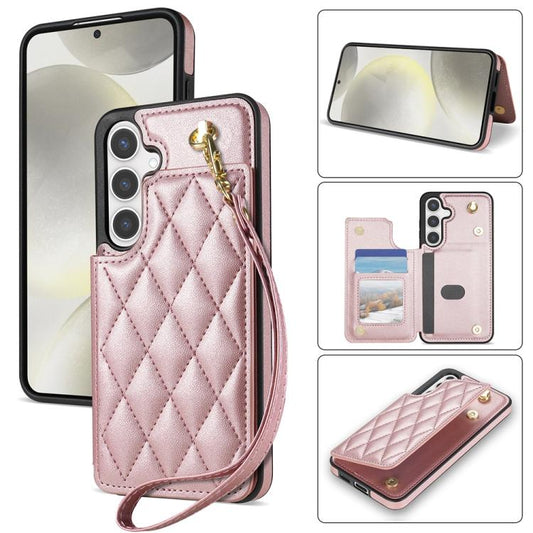 For Samsung Galaxy S25 5G Rhombic Dual Buckle Card Slots Phone Case with Lanyard(Rose Gold) - Galaxy S25 5G Cases by PMC Jewellery | Online Shopping South Africa | PMC Jewellery | Buy Now Pay Later Mobicred