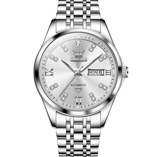 OLEVS 9801 Men Diamond Waterproof Dual Calendar Mechanical Watch(White) - Metal Strap Watches by OLEVS | Online Shopping South Africa | PMC Jewellery | Buy Now Pay Later Mobicred