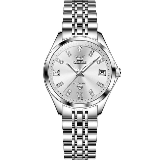 OLEVS 9801 Women Diamond Waterproof Single Calendar Mechanical Watch(White) - Metal Strap Watches by OLEVS | Online Shopping South Africa | PMC Jewellery | Buy Now Pay Later Mobicred