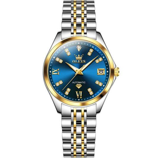 OLEVS 9801 Women Diamond Waterproof Single Calendar Mechanical Watch(Blue Gold) - Metal Strap Watches by OLEVS | Online Shopping South Africa | PMC Jewellery | Buy Now Pay Later Mobicred