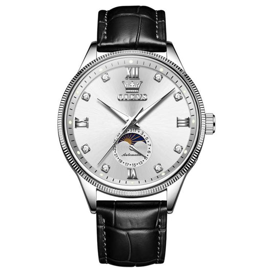 OLEVS 7039 Men Sun Moon Star Luminous Waterproof Mechanical Watch(White) - Leather Strap Watches by OLEVS | Online Shopping South Africa | PMC Jewellery | Buy Now Pay Later Mobicred