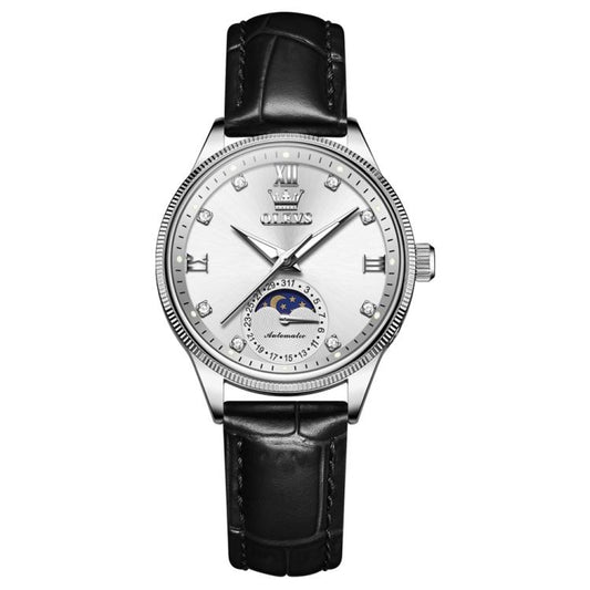 OLEVS 7039 Women Sun Moon Star Luminous Waterproof Mechanical Watch(White) - Leather Strap Watches by OLEVS | Online Shopping South Africa | PMC Jewellery | Buy Now Pay Later Mobicred