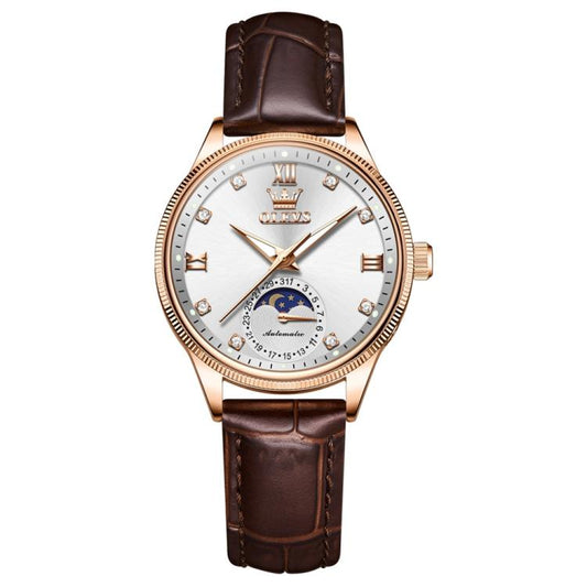 OLEVS 7039 Women Sun Moon Star Luminous Waterproof Mechanical Watch(Rose Gold White) - Leather Strap Watches by OLEVS | Online Shopping South Africa | PMC Jewellery | Buy Now Pay Later Mobicred