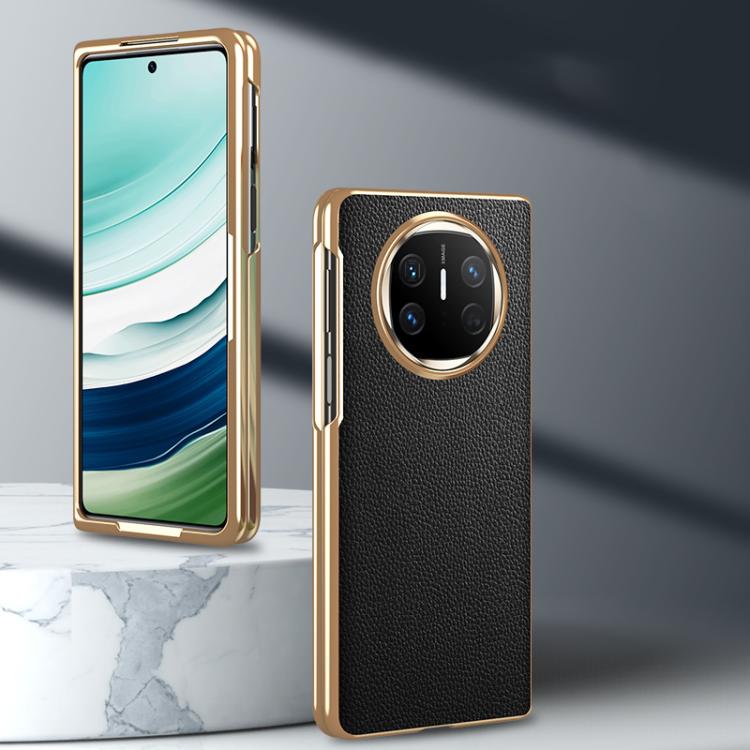 For Huawei Mate X6 Electroplated Litchi Pattern Phone Leather Case with Glass Lens(Black) - Huawei Cases by PMC TechLife | Online Shopping South Africa | PMC TechLife | Buy Now Pay Later Mobicred