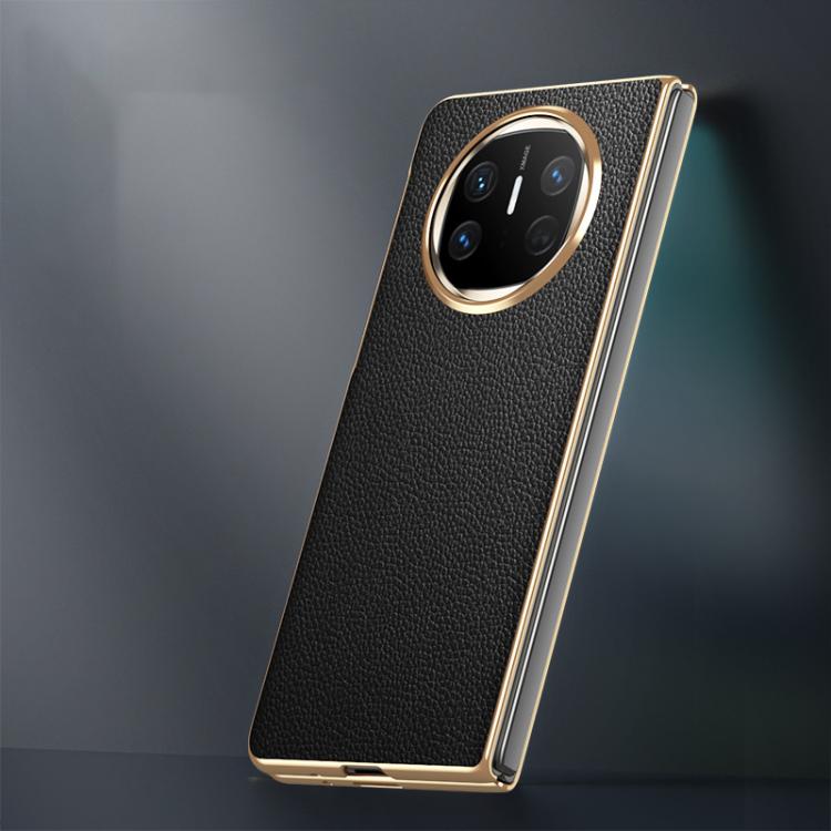 For Huawei Mate X6 Electroplated Litchi Pattern Phone Leather Case with Glass Lens(Black) - Huawei Cases by PMC TechLife | Online Shopping South Africa | PMC TechLife | Buy Now Pay Later Mobicred