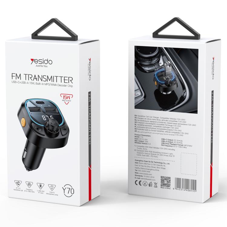 Yesido Y70 Car Bluetooth FM Transmitter(Black) - Bluetooth Car Kits by Yesido | Online Shopping South Africa | PMC Jewellery | Buy Now Pay Later Mobicred