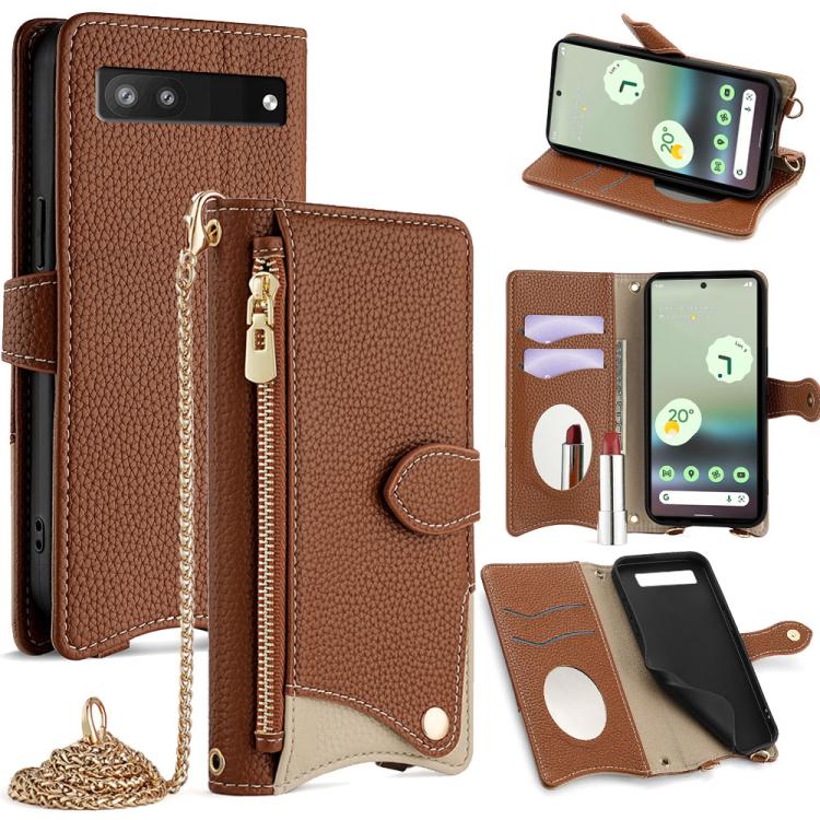 For Google Pixel 6a Crossbody Chain Fishtail Litchi Leather Phone Case(Brown) - Google Cases by PMC TechLife | Online Shopping South Africa | PMC TechLife | Buy Now Pay Later Mobicred