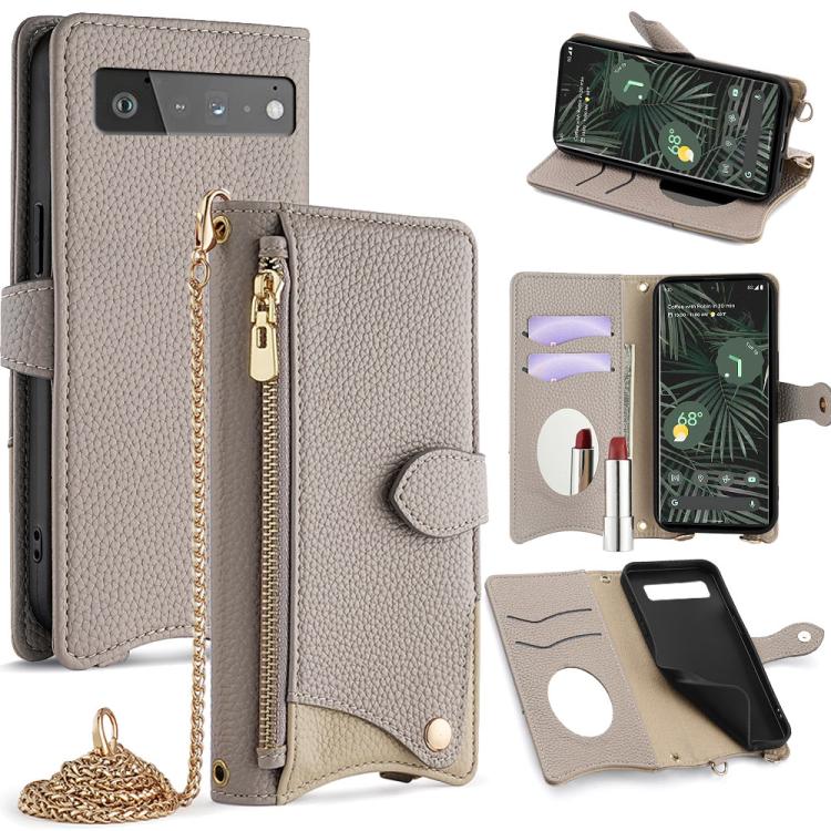 For Google Pixel 6 Pro Crossbody Chain Fishtail Litchi Leather Phone Case(Grey) - Google Cases by PMC TechLife | Online Shopping South Africa | PMC TechLife | Buy Now Pay Later Mobicred