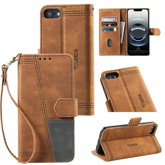 For iPhone 16e TTUDRCH Embossed Line Splicing Leather Phone Case(Brown) - iPhone 16e Cases by PMC Jewellery | Online Shopping South Africa | PMC Jewellery | Buy Now Pay Later Mobicred