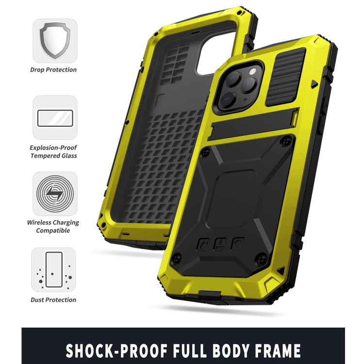 For iPhone 12 / 12 Pro R-JUST Shockproof Waterproof Dust-proof Metal + Silicone Protective Case with Holder(Yellow) - iPhone 12 / 12 Pro Cases by R-JUST | Online Shopping South Africa | PMC TechLife | Buy Now Pay Later Mobicred