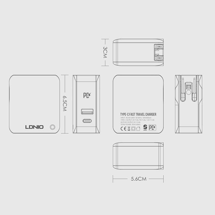 LDNIO A4403C 30W PD + Auto-id Foldable Fast Travel Charger with 1m USB-C / Type-C Cable, US Plug - free shipping - PMC TechLife - Order now!