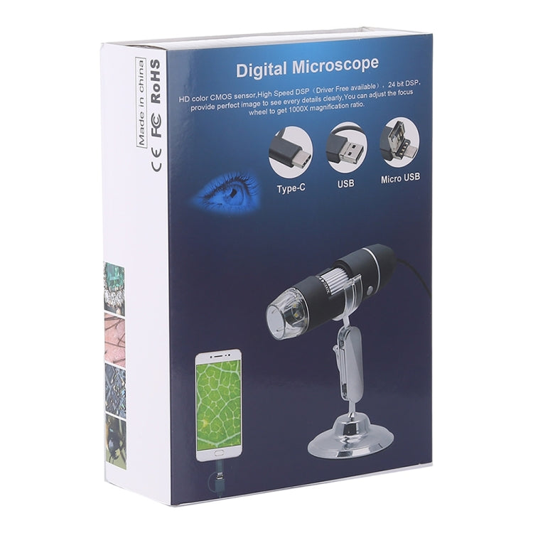 1600X Magnifier HD Image Sensor 3 in 1 USB Digital Microscope with 8 LED & Professional Stand (Black) - Digital Microscope by PMC Jewellery | Online Shopping South Africa | PMC Jewellery | Buy Now Pay Later Mobicred