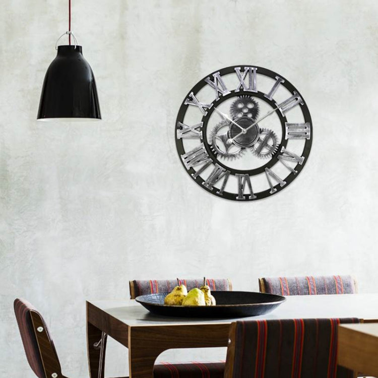 Retro Wooden Round Single-sided Gear Clock Rome Number Wall Clock, Diameter: 35cm(Silver) - Wall Clock by PMc TechLife | Online Shopping South Africa | PMc TechLife | Buy Now Pay Later Mobicred